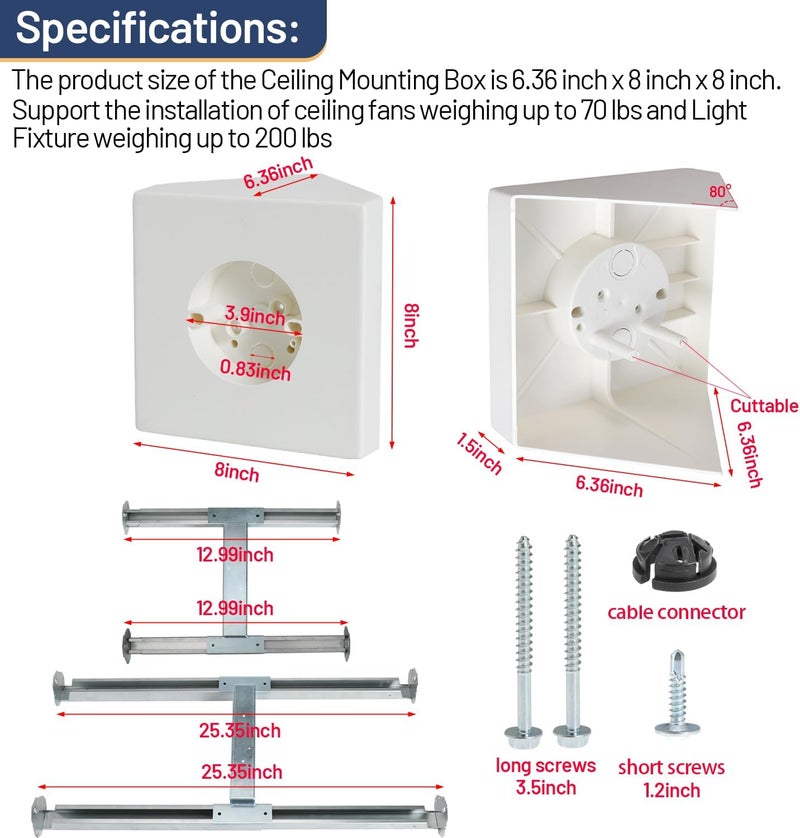 Deridi Ceiling Fan Light Fixture Mounting Box Fan Mounting Bracket FB900 Ceiling Fan Angle Mount for Cathedral Ceiling Angles of 80°and Up with Metal Bracket - Image 2